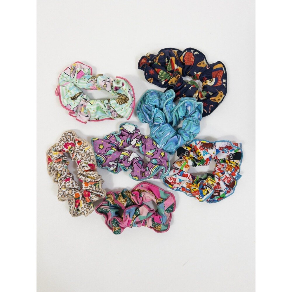 Sweet Petunia Girls Lot Of 7 Handmade Hair Scrunchies! Unicorn Leopard Colorful